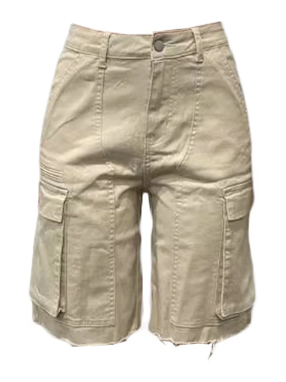 Khaki colored High-Waist Cargo Bermuda Jorts - White Crop Set Styling